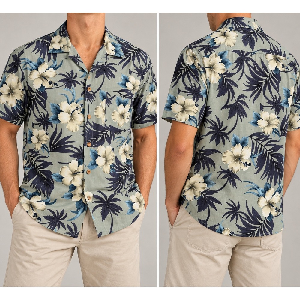Jamaica Jaxx Mens XL Silk Floral Hibiscus Camp Shirt Sage Green Tropical